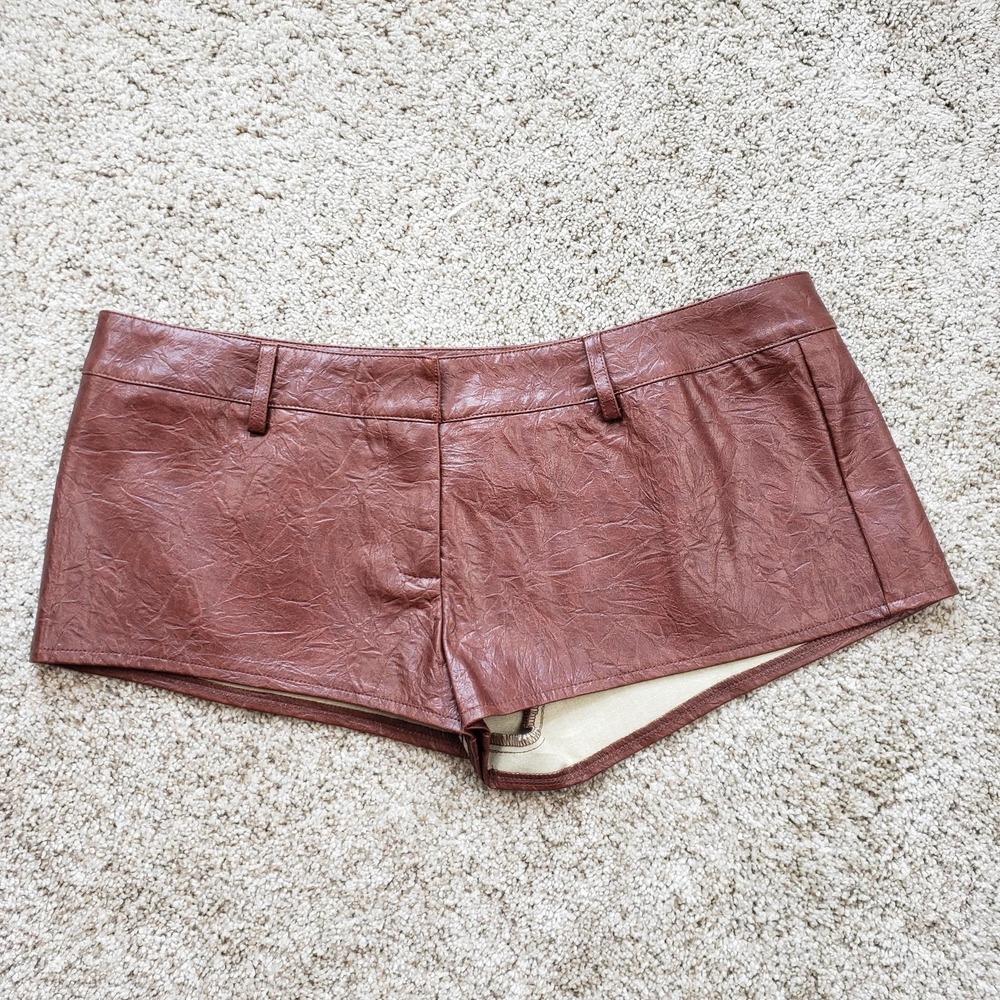 SHEIN Hot Pants Womens M Brown‎ Faux Leather Zip Front Slim Casual Mini Ladies